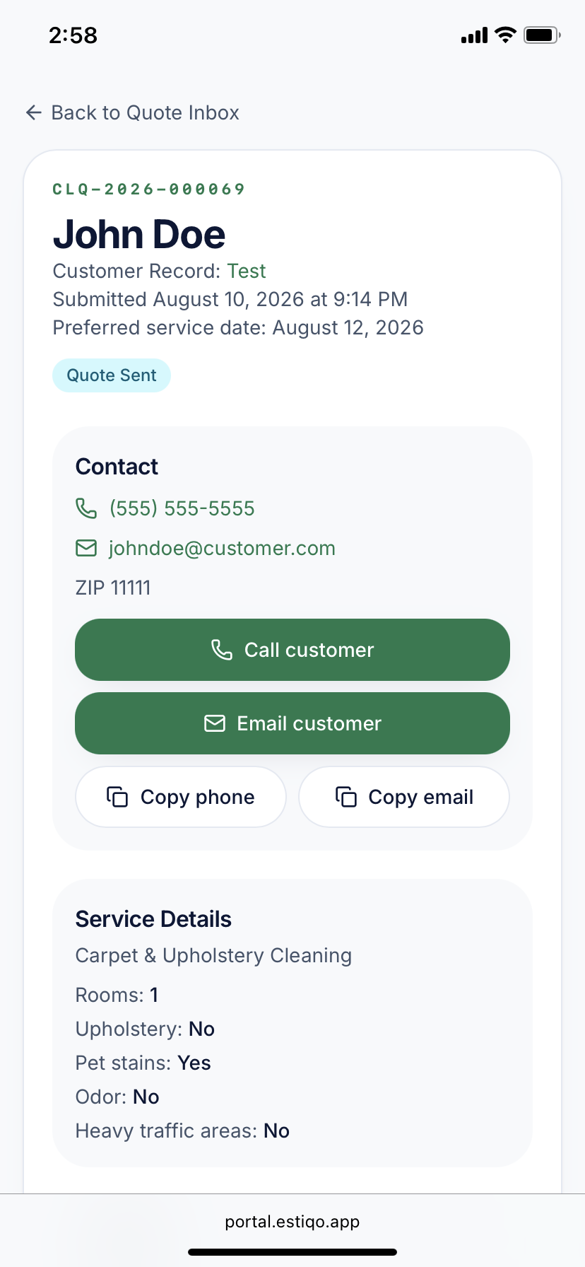 Estiqo owner view on a phone showing an incoming customer request with contact and service details.