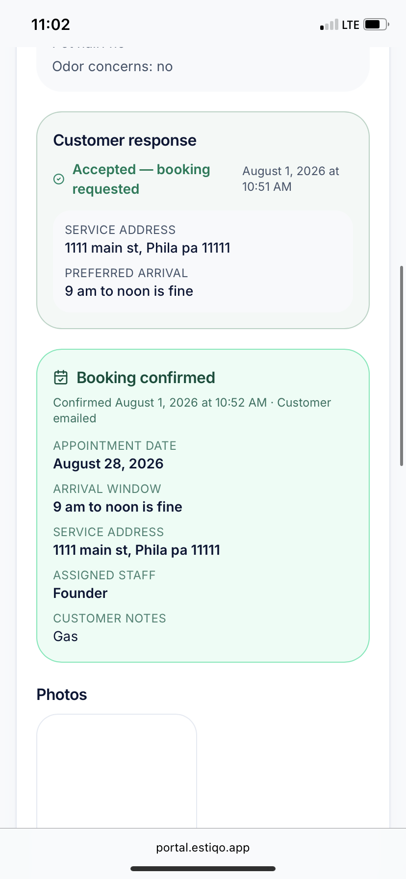 Estiqo owner view on a phone showing a customer response and a confirmed booking.