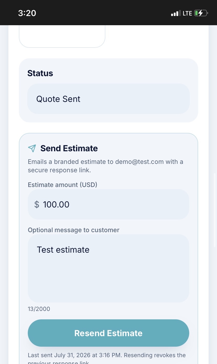 Estiqo owner view on a phone showing the Send Estimate panel for the request.