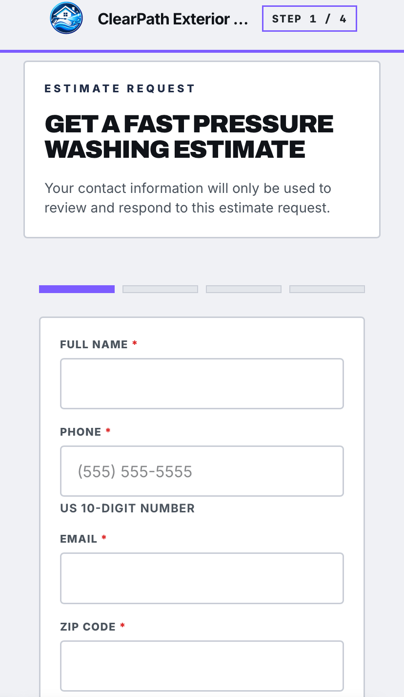 Step one of four in the Estiqo request form on a phone, where the customer enters their contact information.