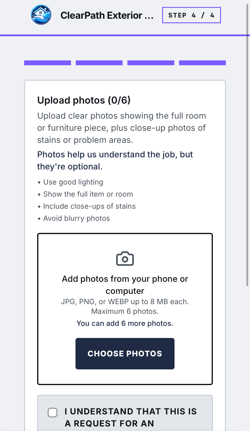 Step four of four in the Estiqo request form on a phone, where the customer uploads job photos.